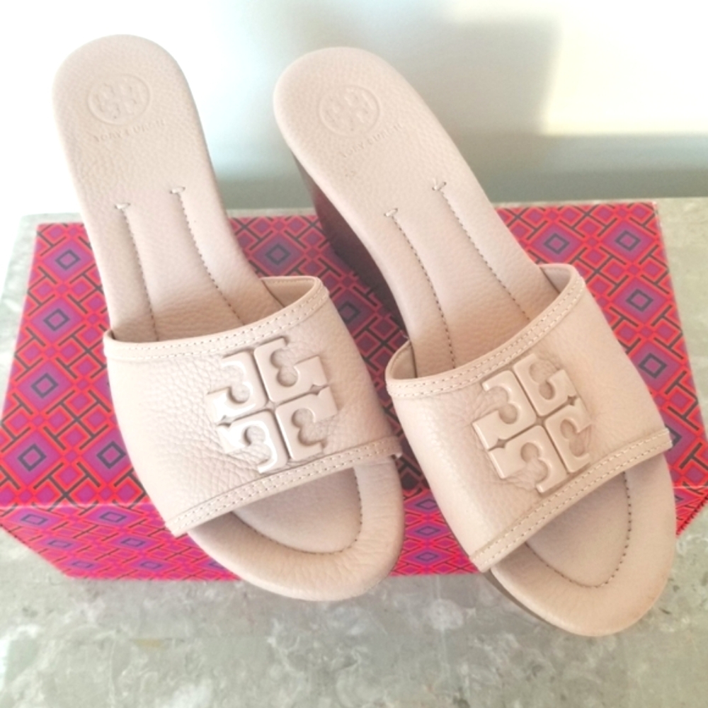 Tory Burch Lowell 2 80mm Leather Wedge Slide Slip-on Sandal Logo Pink Quartz sz9